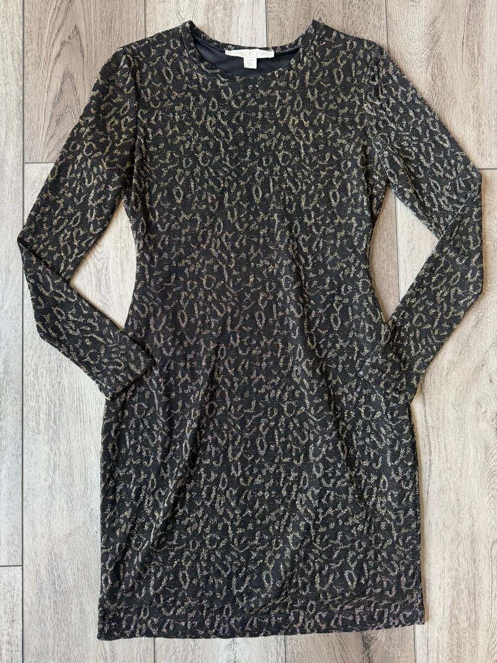 Boston Proper Long Sleeve Dress Size XS Black Gold Animal Print